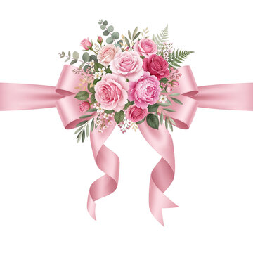 Pink Ribbon Bow With Rose Bouquet and Greenery Floral Arrangement On Black Background