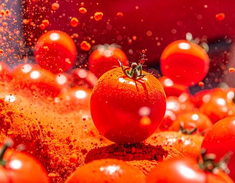 Freeze-motion capture of ripe tomatoes bursting through the air during La Tomatina Festival in Bu&ntilde;ol, Spain.