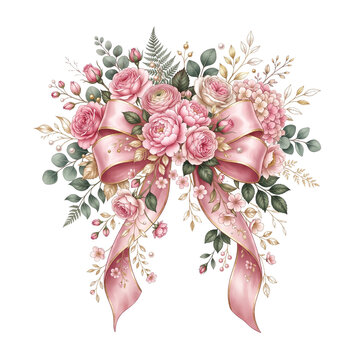 Pink Ribbon Bow With Rose Bouquet and Greenery Floral Arrangement On Black Background