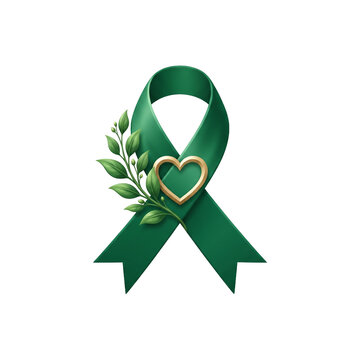 Green Awareness Ribbon With Heart And Laurel Branch Symbolizing Health, Support, Hope And Environmental Care