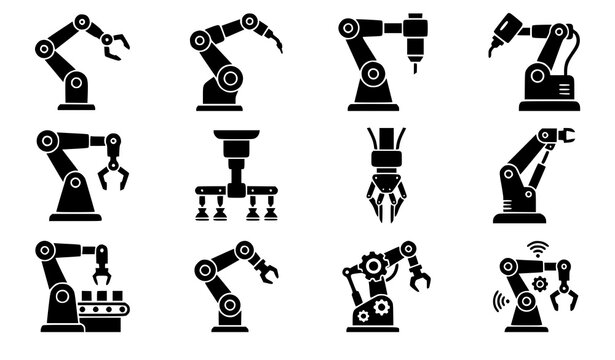 Industrial Robotic Hand Manipulator Silhouette Icons Set for Factory Automation and CNC Vector Collection