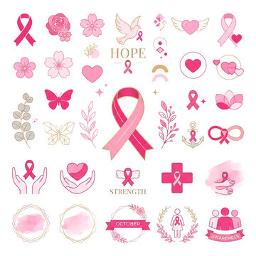 Breast Cancer Awareness Pink Ribbon Icons and Floral Elements Set for Hope and Support