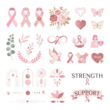 Breast Cancer Awareness Pink Ribbon Icons and Floral Elements Set for Hope and Support