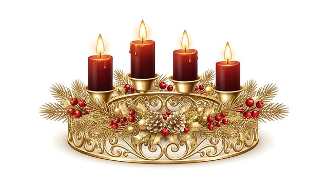  Luxurious isometric 2.5D Christmas advent candle holder with four burning red candles, golden filigree base, pine needles, and red berries, isolated vector illustration on pure white backgro