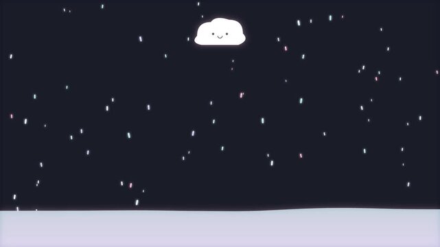 Cute smiling cloud raining colorful glowing particles against night sky
