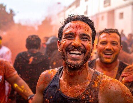 Close-up street photography of people celebrating La Tomatina Festival in Bu&ntilde;ol, Spain with vibrant colors and joyful expressions.