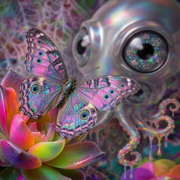 Farfalla iridescente su succulenta colorata con polipo alieno metallico sullo sfondo