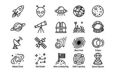 Modern Space Exploration Line Icons Vector Collection for Science and Astronomy Design © Shohel