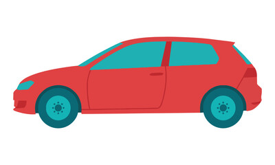 Fototapeta premium A minimalist red hatchback car with vibrant teal wheels and windows in a flat design style, isolated on white. Transportation design concept