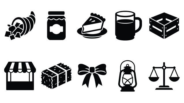 Autumn harvest festival and market icons including cornucopia jam pie and hay bale.