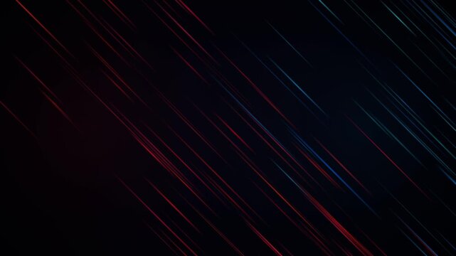 Abstract background with glowing diagonal lines red and blue gradient moving fast on dark backdrop looped.