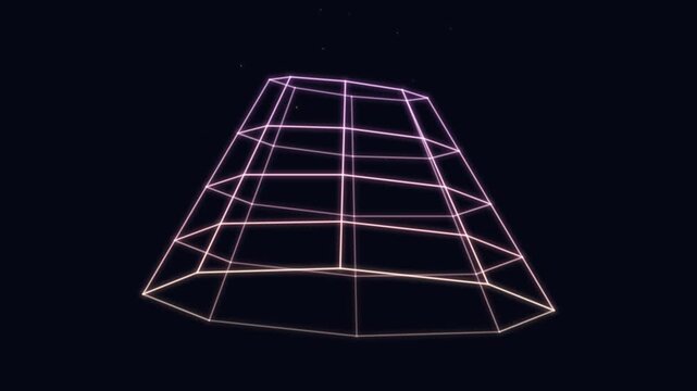 Animated neon wireframe cone rotating in dark digital space background