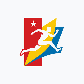 Athletic sprinter logo over colorful geometric panels.