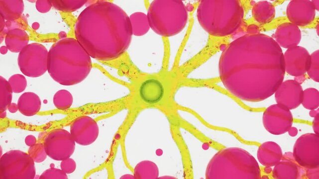 Abstract microscopic view of a vibrant organic structure featuring bright pink spheres and yellow branching network on white background