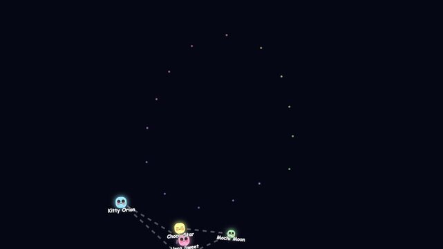 Abstract constellation animation with colorful glowing cartoon characters