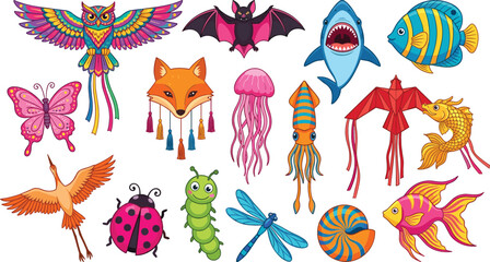 Colorful flying kites icon set shaped like animals insects sea creatures birds and fish for outdoor festival beach recreation vector illustration isolated on white background © Rumi