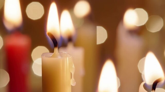 Clustered candles with extinguished wick, hanging wax drop, blurred flames and warm amber glow creating soft ceremonial atmosphere in intimate close-up with layered bokeh
