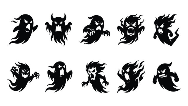Set of angry ghost silhouettes with scary expressions.