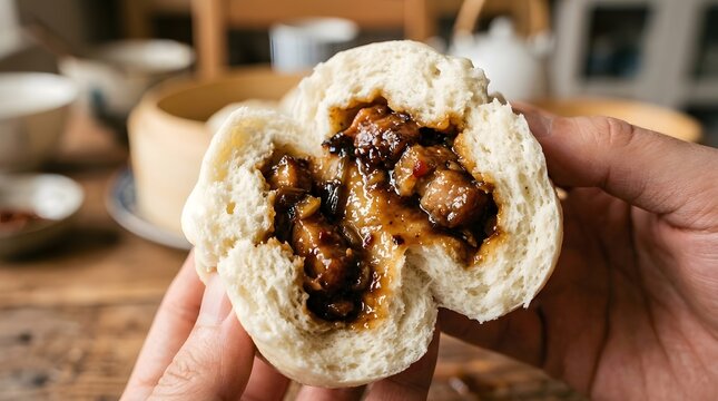 Hand holding a delicious filled bao bun with savory meat, close-up of steamed asian dumpling sandwich with juicy pork filling, perfect for national bao day