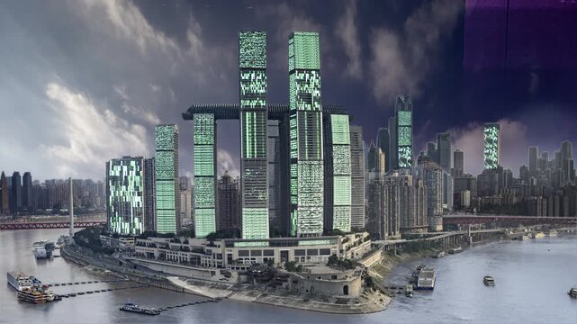 chongqing cyberpunk city with overlayed code and data on the buildings