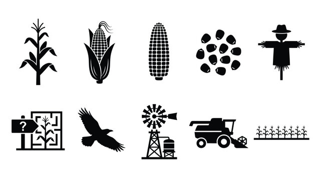 Set of agricultural corn farming and harvest equipment icons in black.