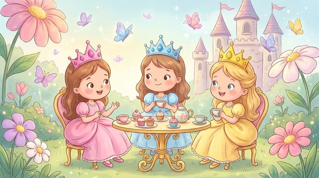Three princesses having a tea party in a whimsical garden