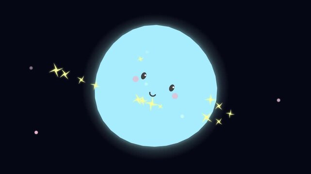 Cute cartoon moon with happy face rotating in space with glowing stars