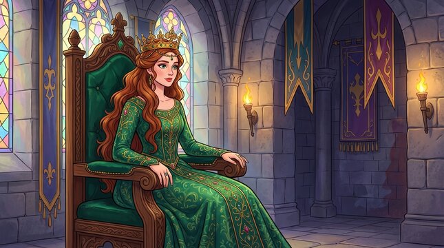 Regal queen sitting on throne in medieval castle interior