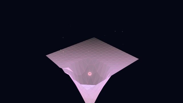 Pink glowing sphere orbiting a low poly gravity well in dark space