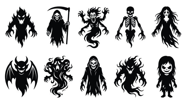 Diverse collection of frightening ghost and monster vector illustrations for halloween.