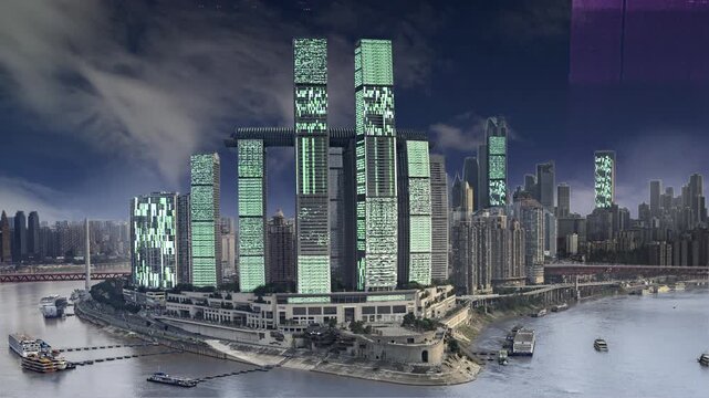 chongqing cyberpunk city with overlayed code and data on the buildings