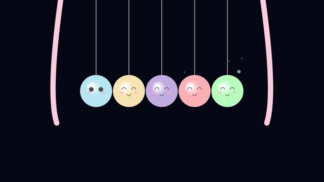 Newton Cradle Toy with Cute Pastel Spheres Swinging in Animation