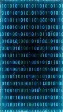 Binary code cascade on a textured digital screen: rows of glowing cyan and teal 0s and 1s cascade down a deep navy backdrop, mimicking a live data stream; subtle screen grain, micro‑scratches, and lig