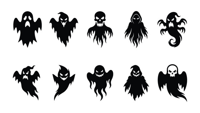 Collection of terrifying spooky ghost and grim reaper silhouettes for halloween.