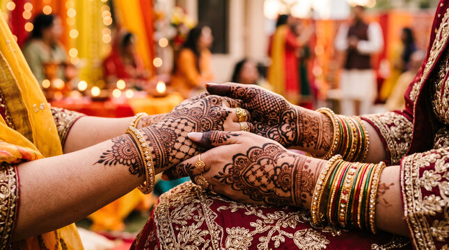 Beautiful intricate henna designs on the hands of a woman at a traditional Pakistani wedding ceremony