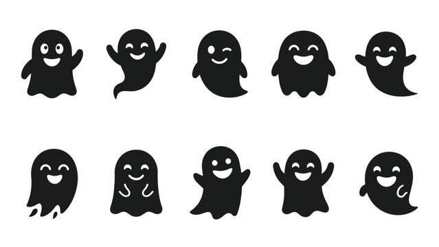 Assortment of cheerful black ghost icons with varying expressions and playful actions.