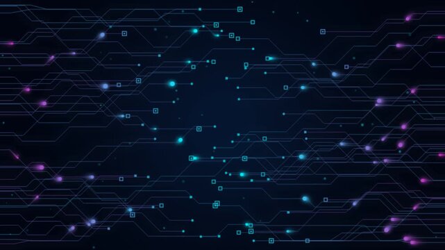 Abstract circuit board animation with glowing lines and particles creating a futuristic digital data transfer effect.