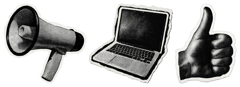 PNG Megaphone, laptop, thumbs-up icons on transparent background