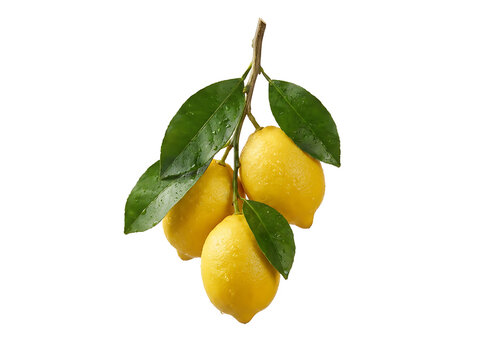 Fresh yellow lemons on a branch. Citrus fruit cluster with green leaves isolated on transparent background