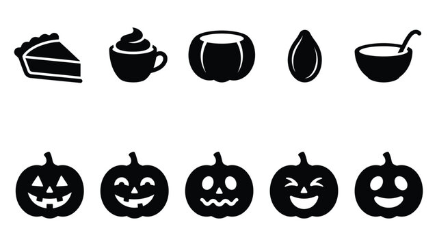 Halloween pumpkin food icons and jack o lantern facial expressions silhouette set.