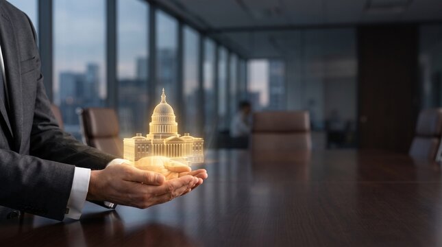 Business executive holding glowing digital government building, public private partnership and corporate subsidy concept