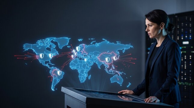 IT executive managing secure national data borders on glowing digital map, sovereign technology and data localization