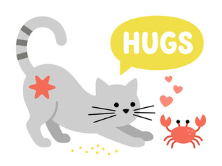 Cute Flat Vector Illustration of a Grey Cat and Little Red Crab with Hugs Speech Bubble
