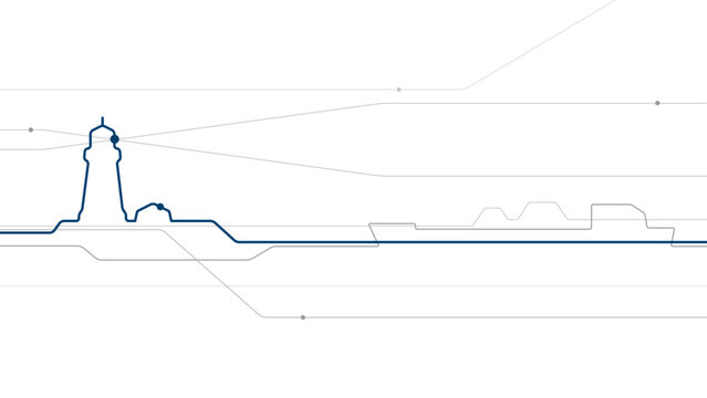 Minimalist maritime infrastructure vector illustration featuring a lighthouse, cargo ship and abstract transport network lines. Modern linear design for logistics, navigation and marine industry.