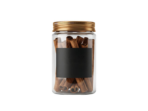 Blank Cinnamon sticks in a glass jar Isolated on transparent background. spice container with blank label for branding.