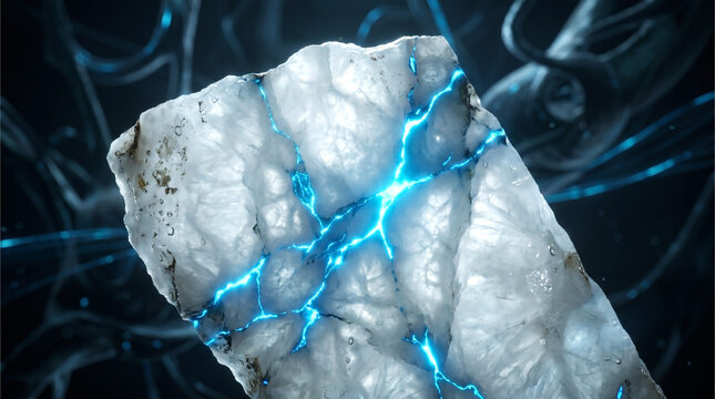 Macro photography of a raw translucent alabaster stone sliced thinly with glowing electric blue bioluminescent energy flowing through its veins