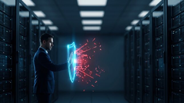 Corporate IT executive monitoring glowing zero trust network security interface, enterprise cybersecurity concept