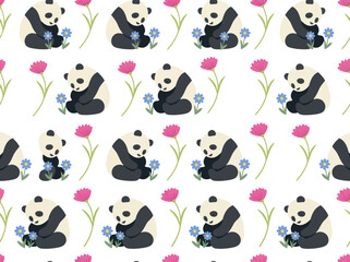 Seamless cartoon panda pattern with colorful wildflowers for nursery and textile design © iyoen