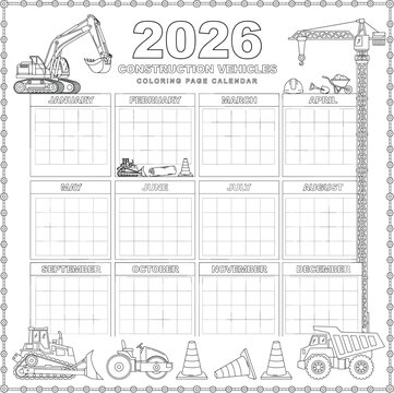2026 construction vehicles coloring page calendar with grid