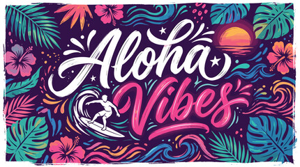 Aloha Vibes tropical lettering vector, Hawaiian surf culture illustration with hibiscus and palm leaves, vibrant sunset ocean wave background © Iconify Studio